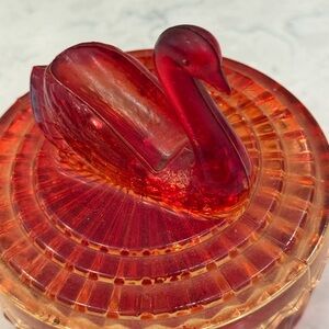 Vintage MCM Amberina Swan Candy Dish | Covered Glass | c. 1960s–1970s